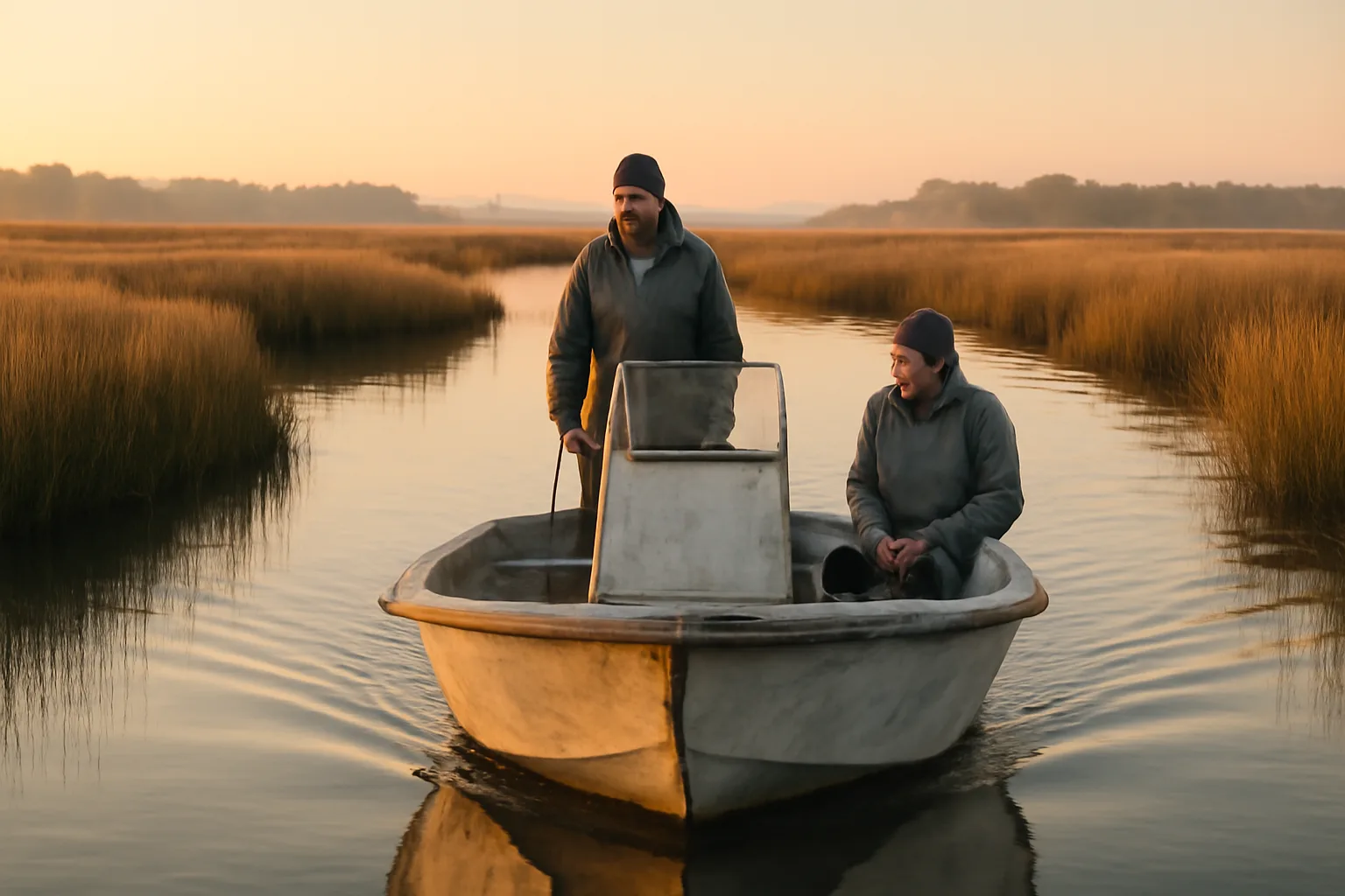 Center-console skiff with a six-pack captain at dawn