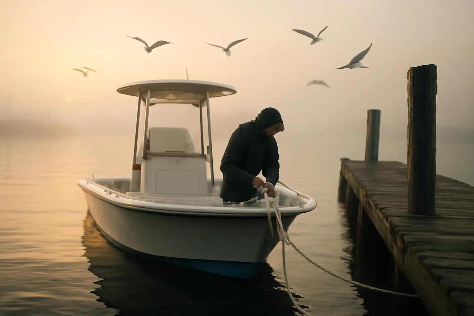 Six-pack captain coiling line on a small harbor boat
