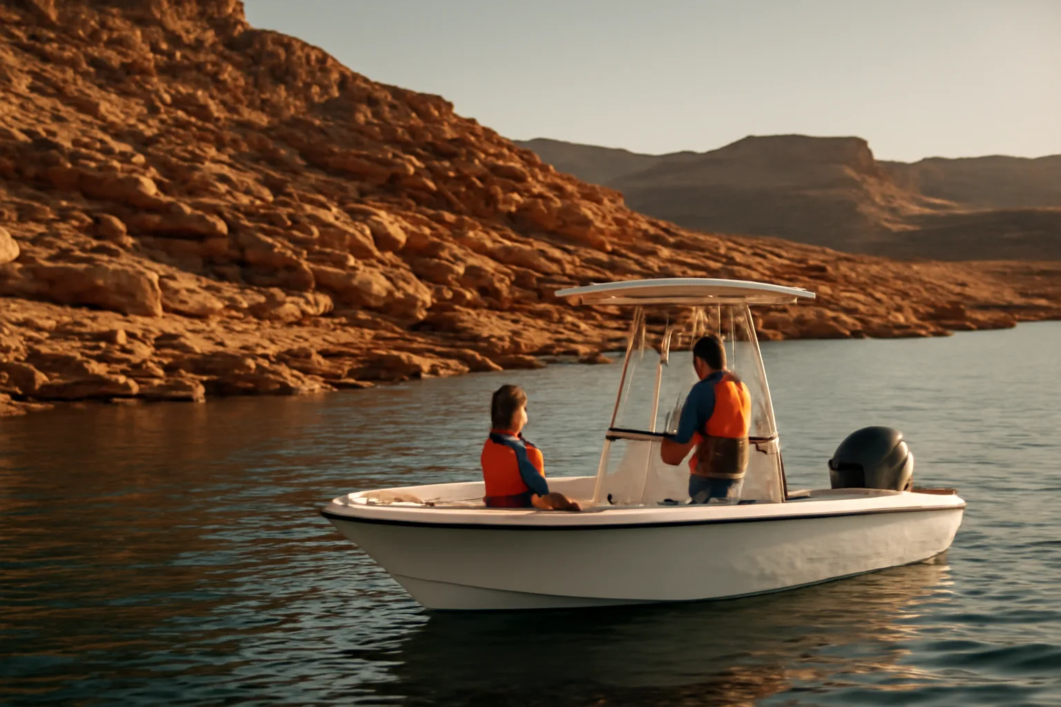 Small six-pack skiff on an Arizona desert lake at sunset