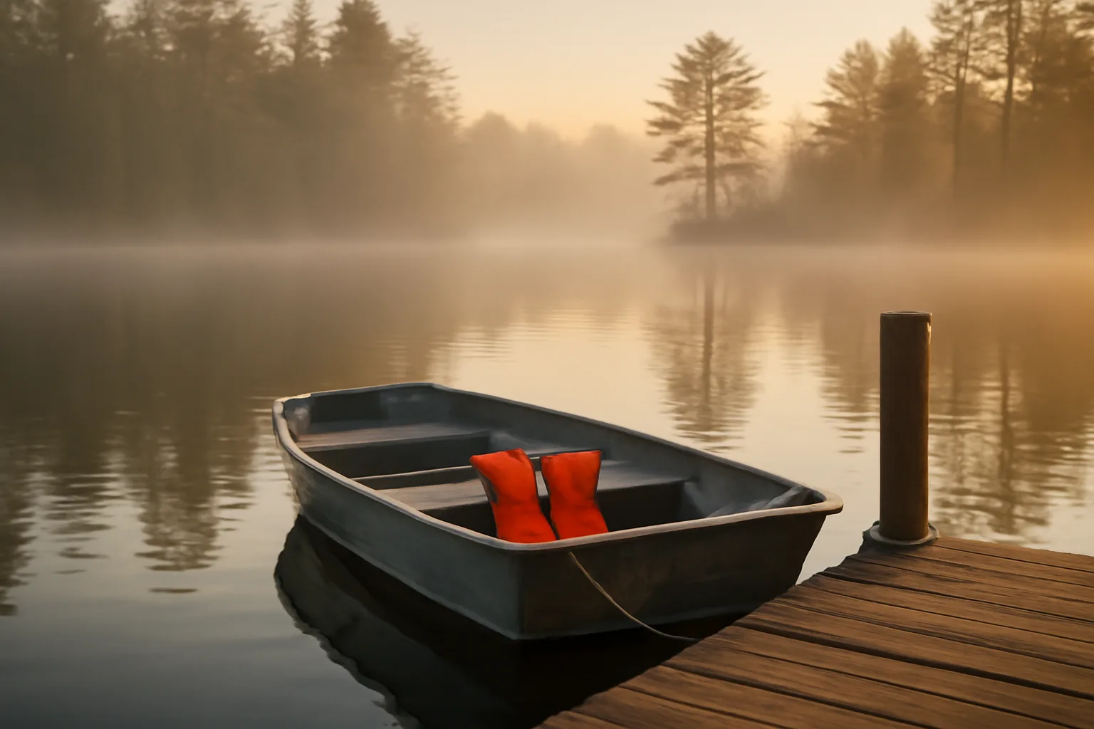 Aluminum skiff at a foggy Arkansas lake dock at dawn