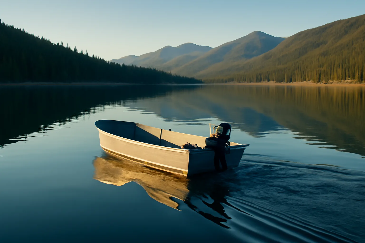 Small motorboat crossing a Colorado mountain reservoir at sunrise with pine ridges behind