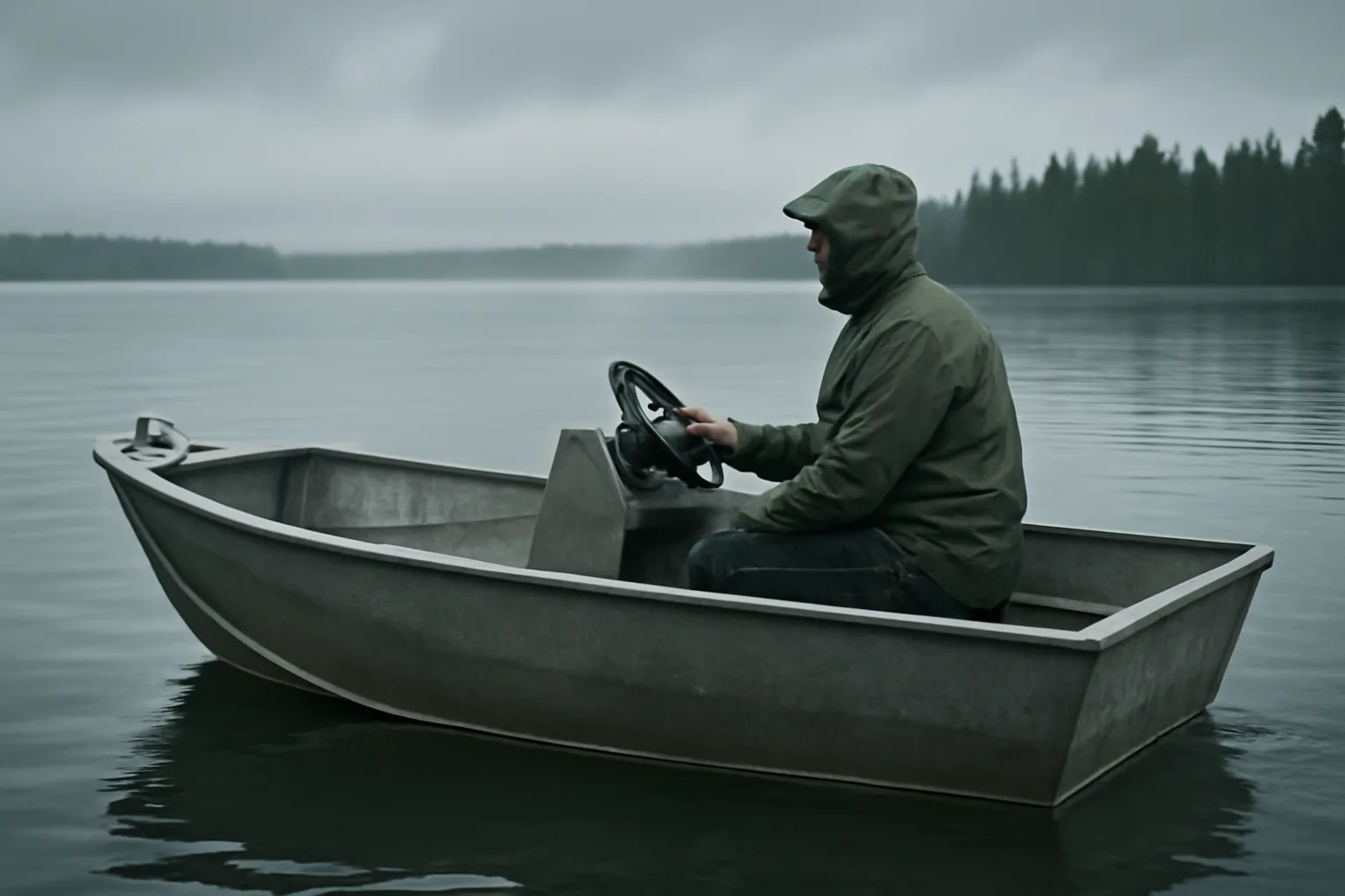 Welded skiff on gray Alaska water with six-pack captain at console