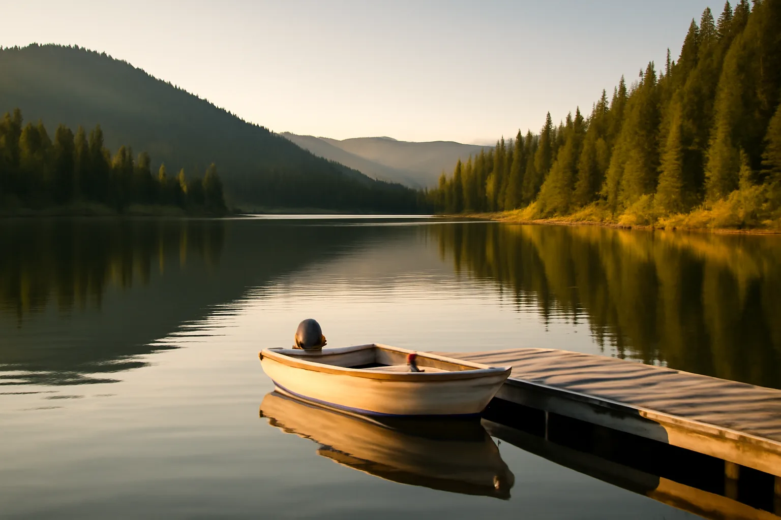 Small motorboat on a calm Colorado reservoir at early morning light