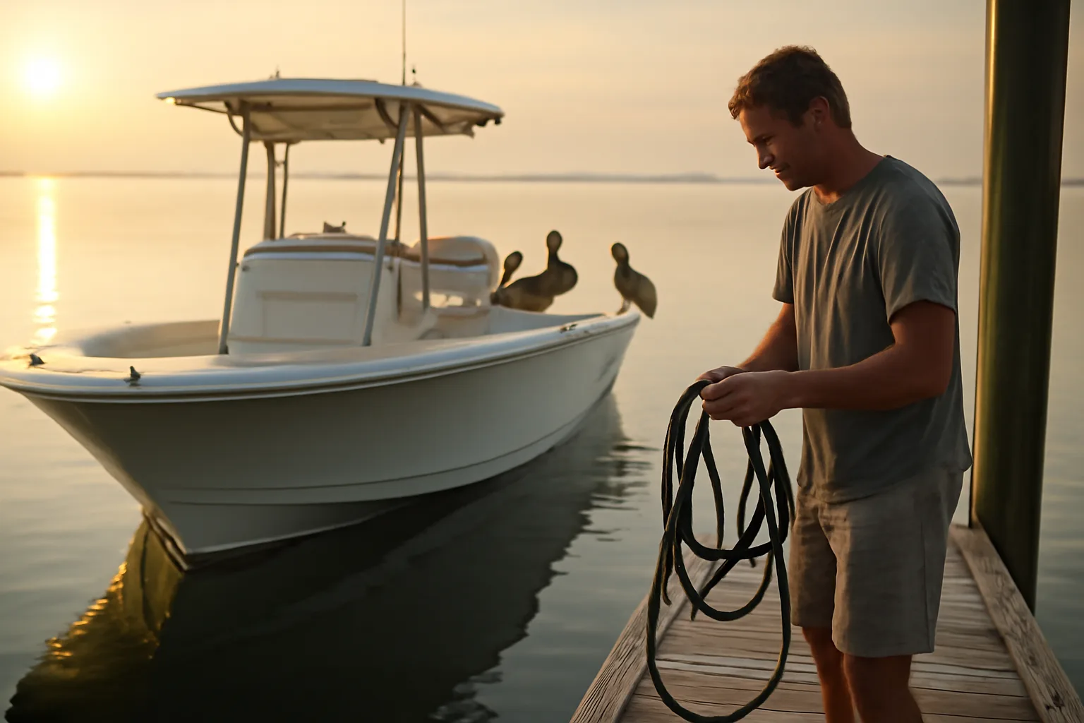 Alabama six-pack captain coiling a line on a quiet bay boat