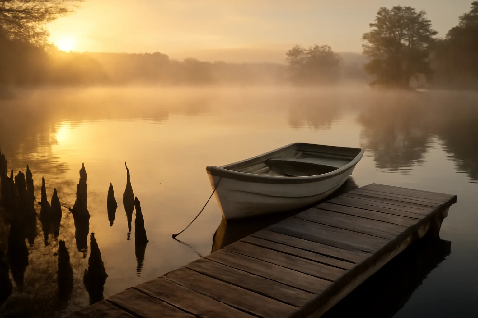 Misty Arkansas lake dock with a small six-pack skiff at sunrise