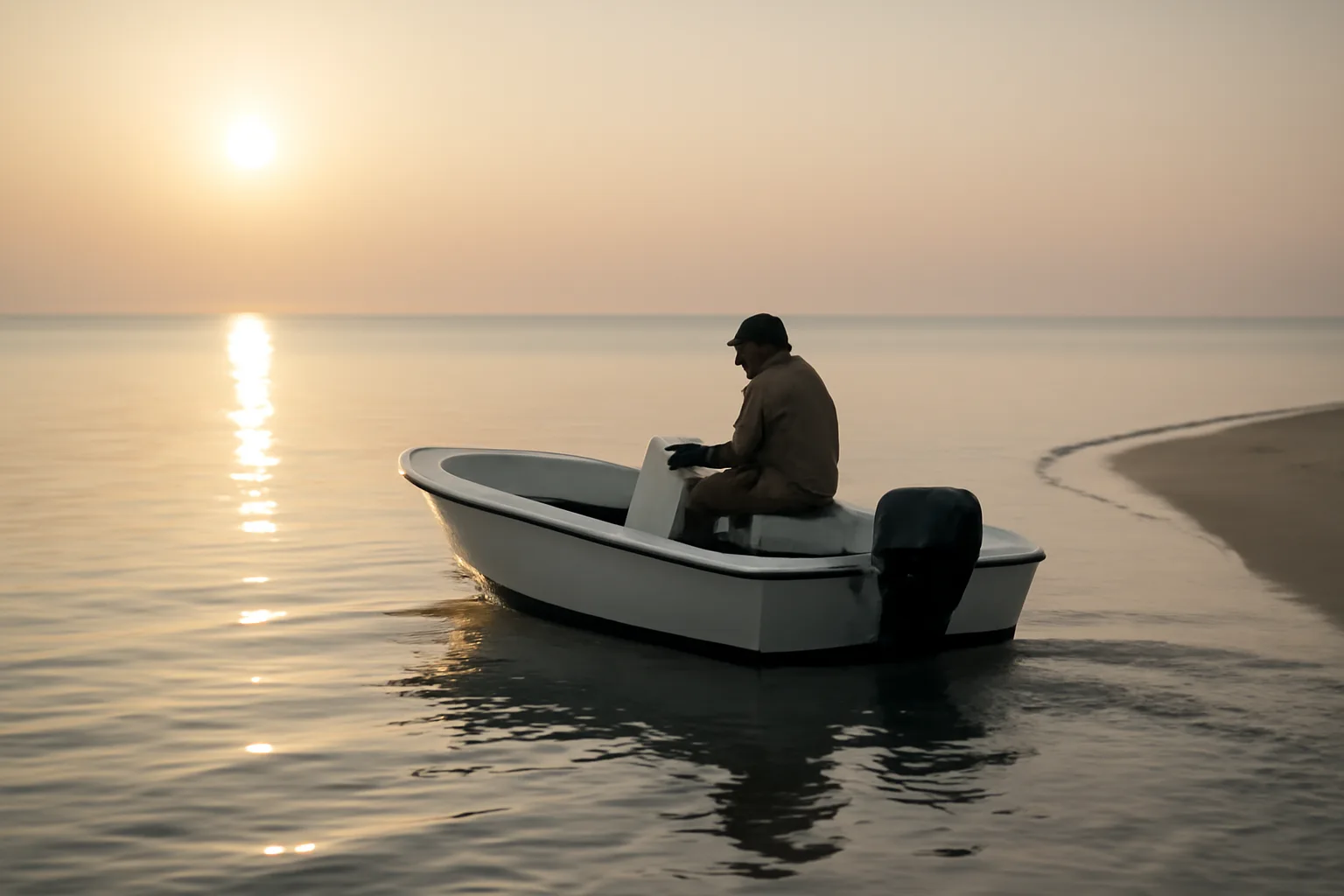 Captain at the helm of a small skiff on Delaware Bay